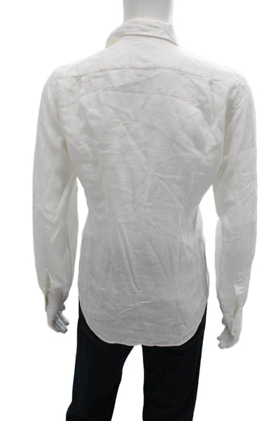 Hartford Mens Button Front Collared Linen Pocket Shirt White Size Small