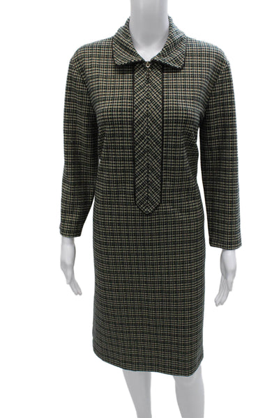 J. Mclaughlin Women Sheath Dress Houndstooth Long Sleeve Midi Zip Size L