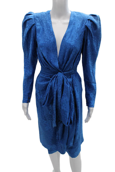 Giorgio Womens Wrap Dress Blue Silk Midi V-Neck Longsleeve Polka Dot Tie Size M