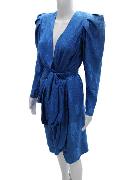 Giorgio Womens Wrap Dress Blue Silk Midi V-Neck Longsleeve Polka Dot Tie Size M