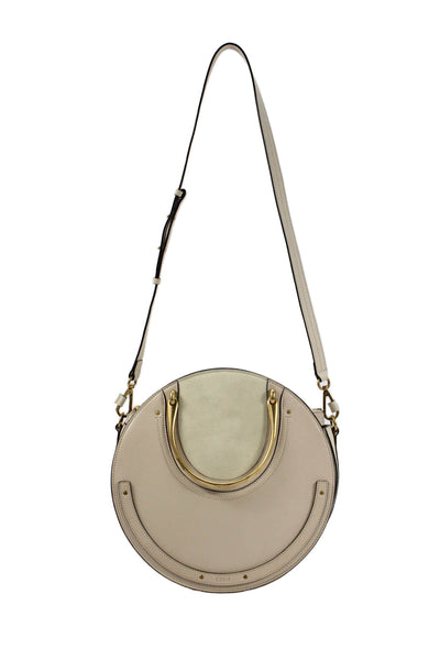 Chloe Womens Leather Studded Round Shoulder Handbag Beige