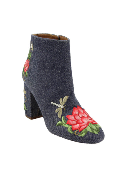 Aquazzura Womens Floral Embroidered Denim Ankle Boots Blue Size 37 7