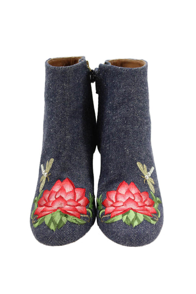 Aquazzura Womens Floral Embroidered Denim Ankle Boots Blue Size 37 7