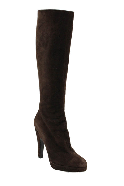 Prada Womens Suede Knee High Boots Heels Brown Size 37.5 7.5
