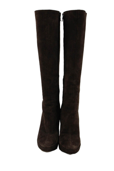 Prada Womens Suede Knee High Boots Heels Brown Size 37.5 7.5