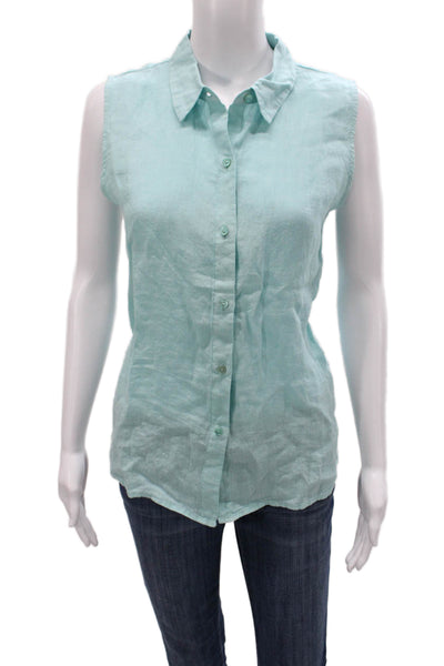 Eileen Fisher Womens Sleeveless Linen Button-Up Top Collared Green Size M