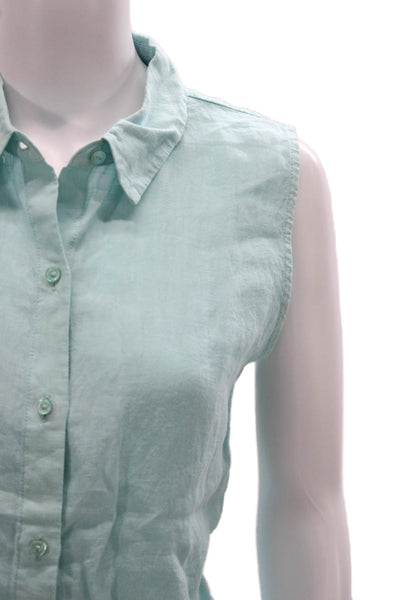 Eileen Fisher Womens Sleeveless Linen Button-Up Top Collared Green Size M