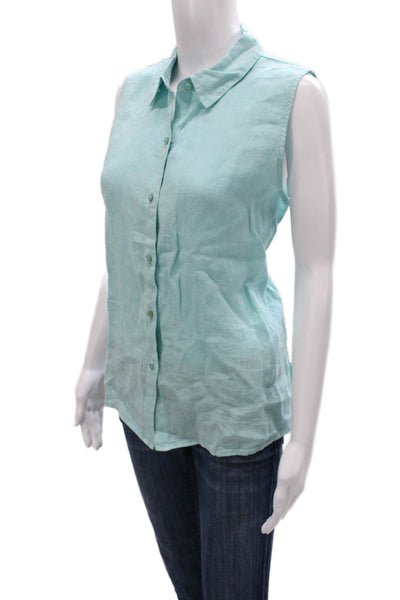 Eileen Fisher Womens Sleeveless Linen Button-Up Top Collared Green Size M