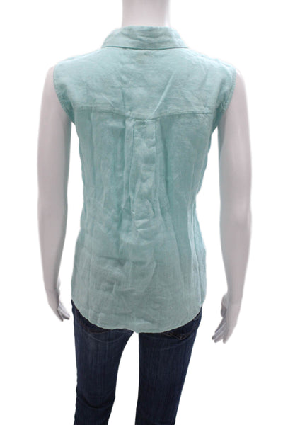 Eileen Fisher Womens Sleeveless Linen Button-Up Top Collared Green Size M