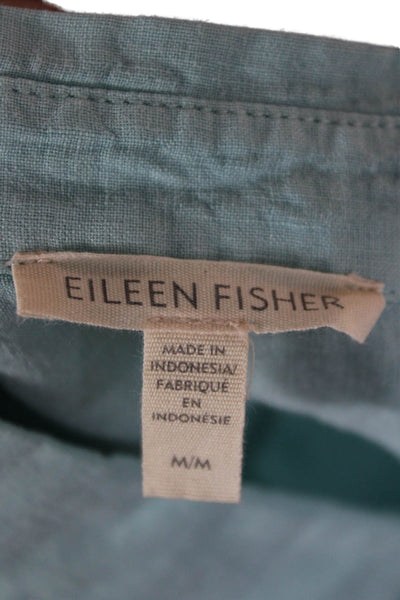 Eileen Fisher Womens Sleeveless Linen Button-Up Top Collared Green Size M