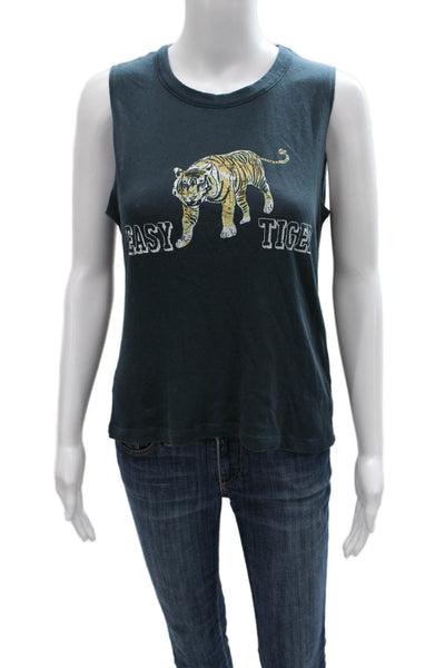 Chaser Women Basic Sleeveless Animal Print Tank Top Green 100% Cotton Size S