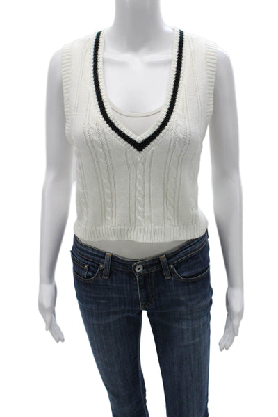 G. Women White Acrylic V-Neck Striped Sleeveless Vest Sweater Size M