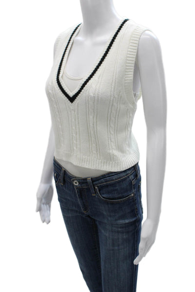 G. Women White Acrylic V-Neck Striped Sleeveless Vest Sweater Size M