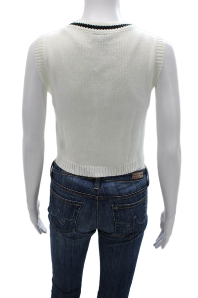 G. Women White Acrylic V-Neck Striped Sleeveless Vest Sweater Size M