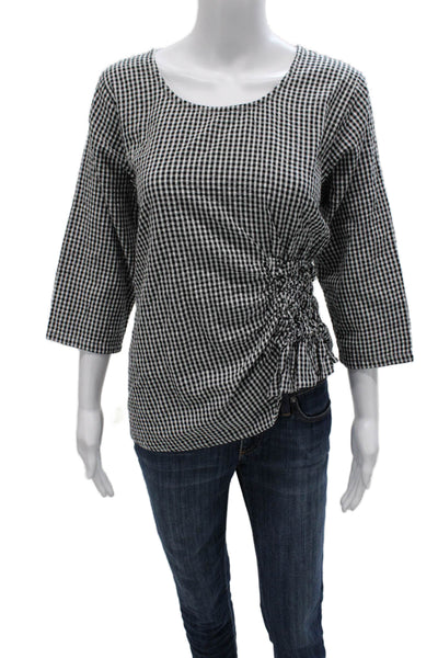 Tulip Women Basic Black Cotton Checked Round Neck 3/4 Sleeve Blouse Size 2XL