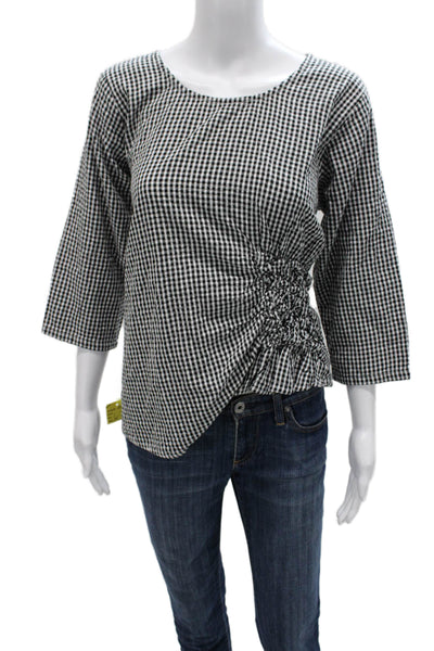 Tulip Womens Basic Black Cotton Checked Round Neck 3/4 Sleeve Blouse Size S