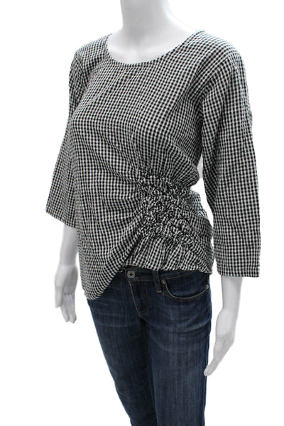 Tulip Womens Basic Black Cotton Checked Round Neck 3/4 Sleeve Blouse Size S