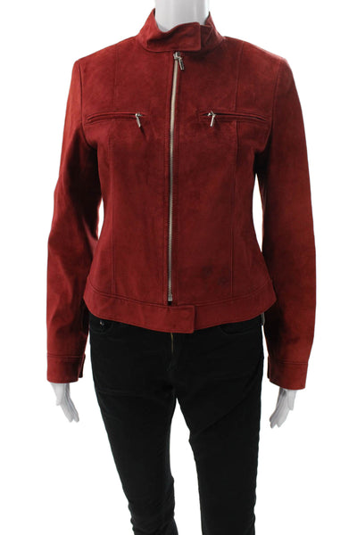 Lafayette 148 New York Womens Basic Leather Jacket Red Zip Long Sleeve Size 2