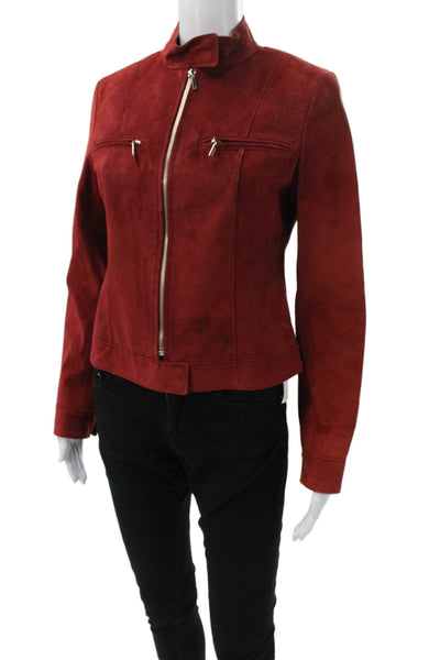Lafayette 148 New York Womens Basic Leather Jacket Red Zip Long Sleeve Size 2