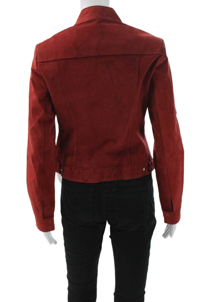 Lafayette 148 New York Womens Basic Leather Jacket Red Zip Long Sleeve Size 2