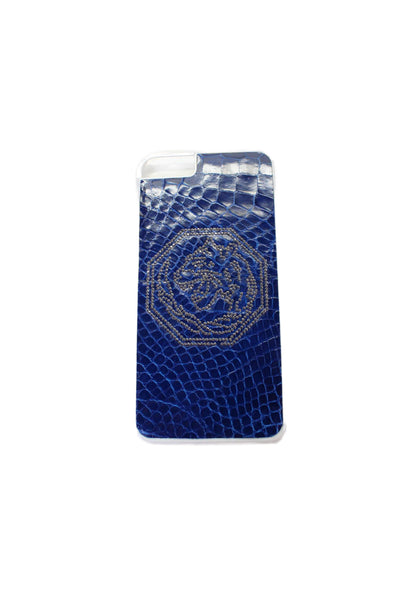 Tardini Unisex Blue Genuine American Alligator Jeweled Large iPhone Case White