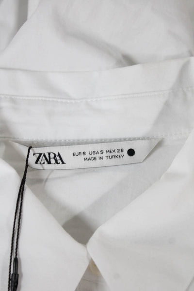 Zara Women White Cotton Collared Long Sleeve Tunic Button-Up Size S