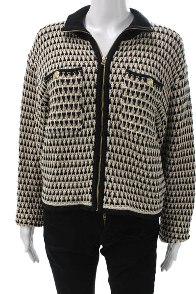 J Crew Womens Black Full Zip Collared Geometric Cotton Sweater Longsleeve Size S