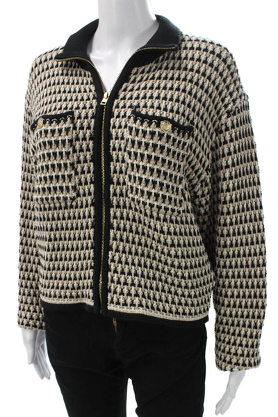 J Crew Womens Black Full Zip Collared Geometric Cotton Sweater Longsleeve Size S