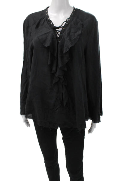 IRO Women Tunic Blouse Black V-Neck Lace Up Long Sleeve Viscose Size 40
