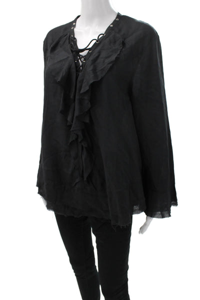 IRO Women Tunic Blouse Black V-Neck Lace Up Long Sleeve Viscose Size 40