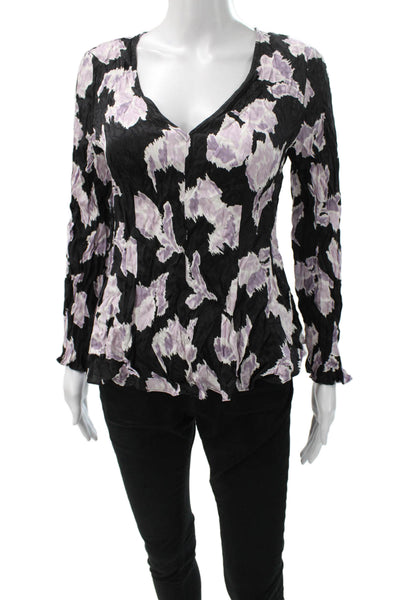 Rebecca Taylor Women Black Silk Floral V-Neck Long Sleeve Basic Blouse Size 4
