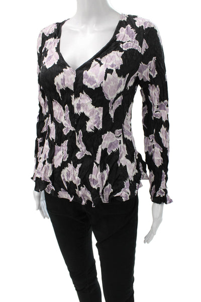 Rebecca Taylor Women Black Silk Floral V-Neck Long Sleeve Basic Blouse Size 4
