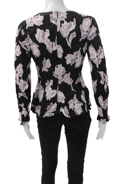 Rebecca Taylor Women Black Silk Floral V-Neck Long Sleeve Basic Blouse Size 4