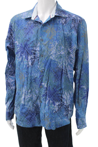 Bugatchi Mens Cotton Blend Abstract Button Up Shirt Blue Size XL