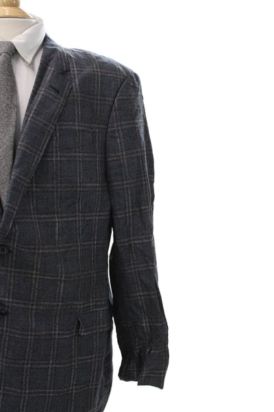 Armani Collezioni Mens Plaid Polyester Blazer Blue Buttoned Size 46