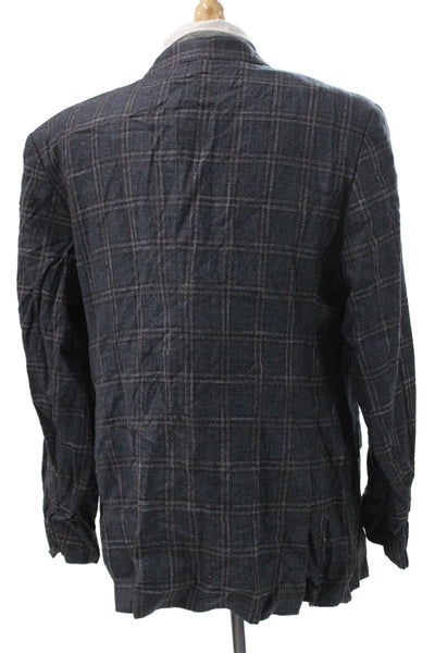 Armani Collezioni Mens Plaid Polyester Blazer Blue Buttoned Size 46