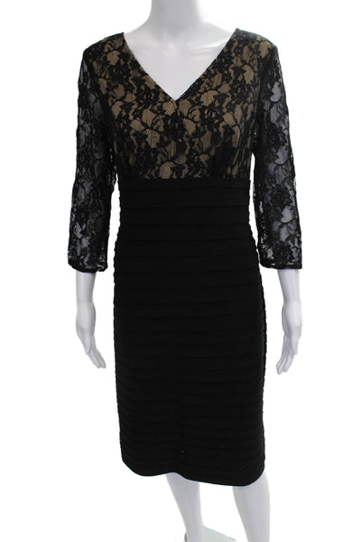 Adrianna Papell Womens Sheath Dress Black V-Neck 3/4 Sleeve Size 14
