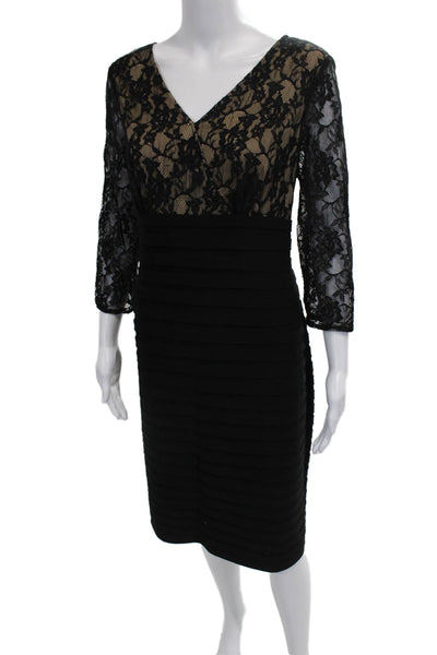 Adrianna Papell Womens Sheath Dress Black V-Neck 3/4 Sleeve Size 14