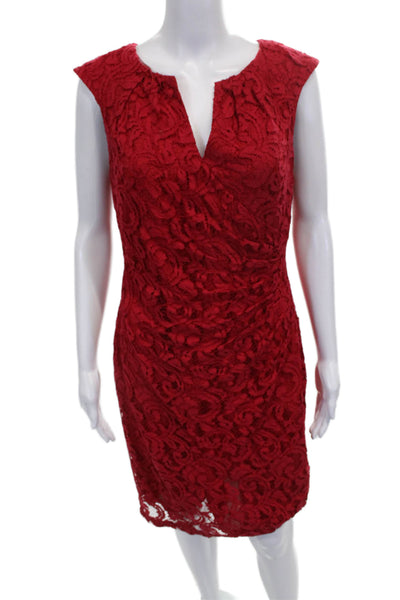Adrianna Papell Women Red Floral Cotton Sheath Dress V-Neck Sleeveless Size 8