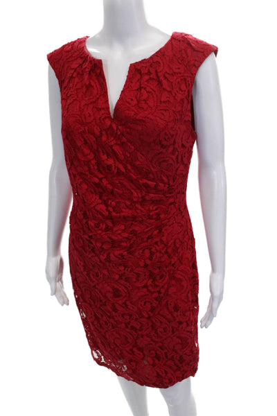 Adrianna Papell Women Red Floral Cotton Sheath Dress V-Neck Sleeveless Size 8
