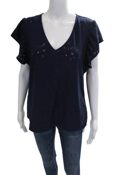 Michael Michael Kors Womens Geometric V-Neck Blouse Blue Short Sleeve Size L