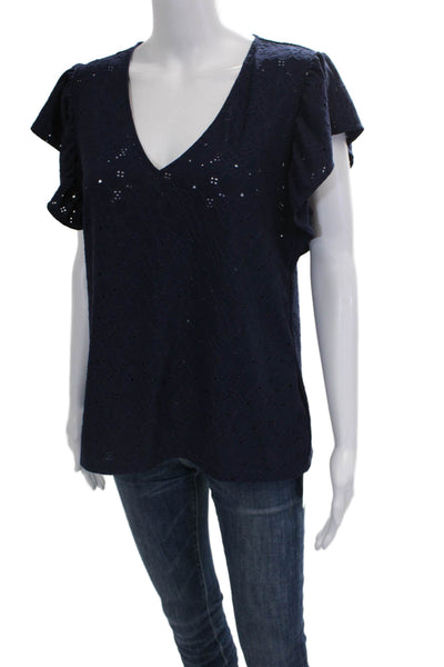 Michael Michael Kors Womens Geometric V-Neck Blouse Blue Short Sleeve Size L