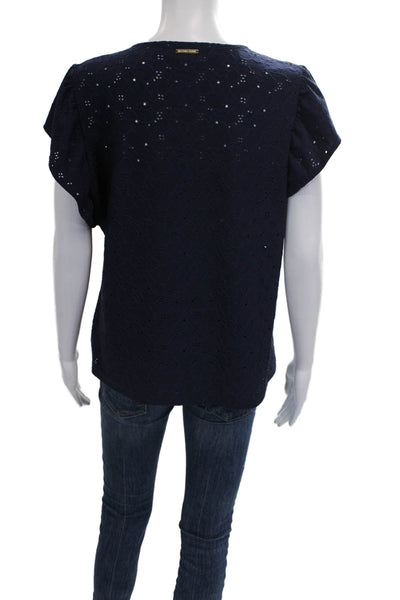 Michael Michael Kors Womens Geometric V-Neck Blouse Blue Short Sleeve Size L