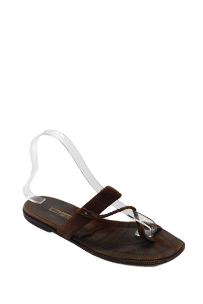 Manolo Blahnik Women's Suede Leather Toe Loop Flat Sandals Brown Size 7.5