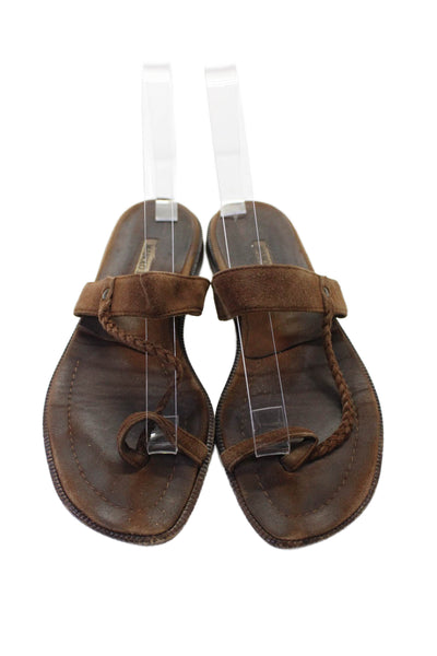 Manolo Blahnik Women's Suede Leather Toe Loop Flat Sandals Brown Size 7.5