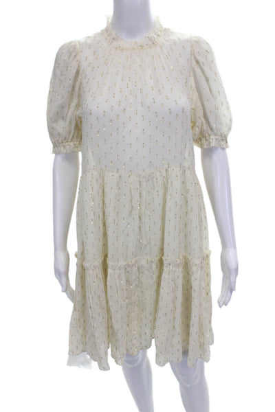 Ulla Johnson Women Ivory Silk Shift Dress High Neck Short Sleeve Button Size 2