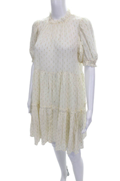 Ulla Johnson Women Ivory Silk Shift Dress High Neck Short Sleeve Button Size 2