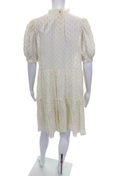 Ulla Johnson Women Ivory Silk Shift Dress High Neck Short Sleeve Button Size 2