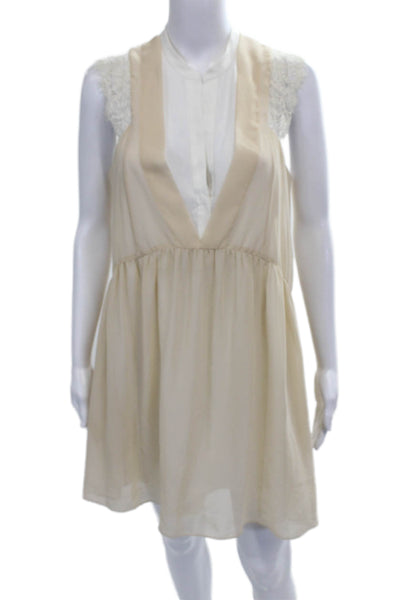 Sandro Women Shift Dress Sleeveless V-Neck Beige Polyester Size 2