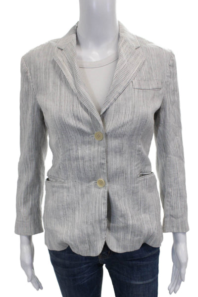 Theory Womens Basic Jacket Linen Striped Gray 3/4 Sleeve Button Size 4